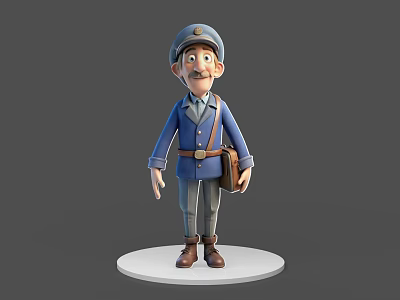 Cartoon Postman Game Character 3D Model In Blue Uniform With Brown Mailbag 3d model