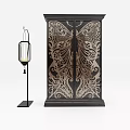 Dark Colored Double Door Wardrobe With Butterfly Carving And Ornate Patterns Plus Side Decorative Lantern