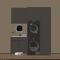 Modern Balcony Cabinet Design With Stacked Laundry Appliances Countertop Mirror And Potted Plant