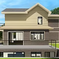 Two Story Detached House Exterior With Brick Siding Large Windows Chimney And Trees