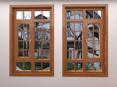 Wooden Windows With Grid Design And Glass Panes Showing Outdoor View Reflection 3d model