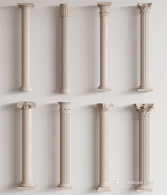 Cream Colored Columns With Various Ornate Capital Designs Arranged On White Wall 3d model 