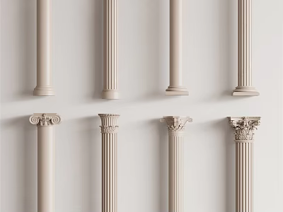 Cream Colored Columns With Various Ornate Capital Designs Arranged On White Wall 3d model