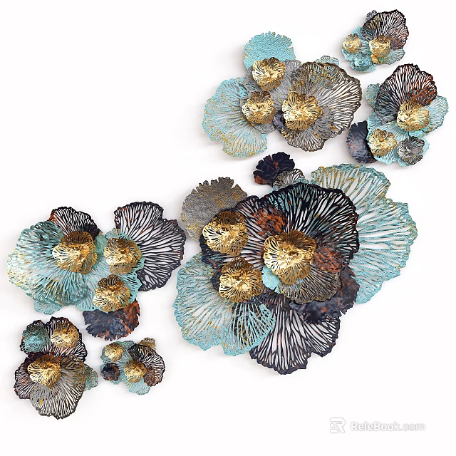 Flower Shaped Metal Wall Decor With Blue Gold Black Hollow Out Petals Design 3d model 