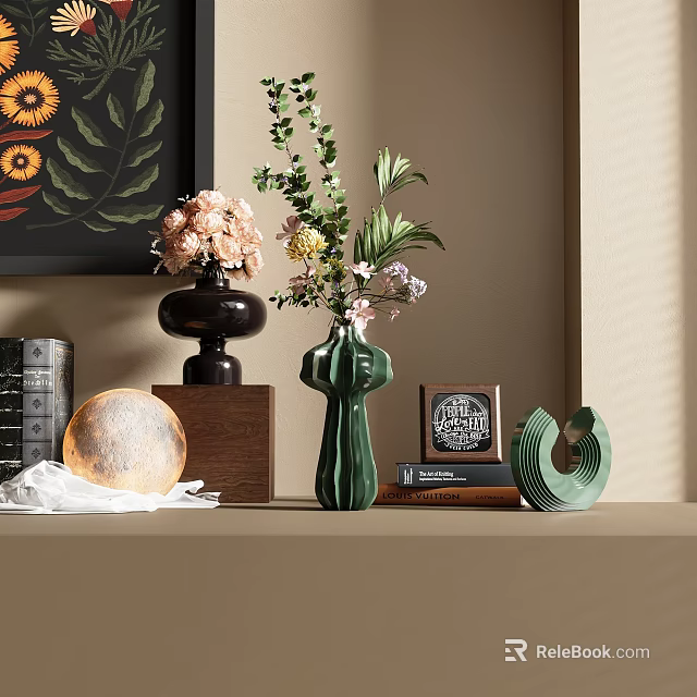 Decorative Ornament Combination Featuring Green Vases Flowers Books Decorative Ball And Wall Art 3d model 