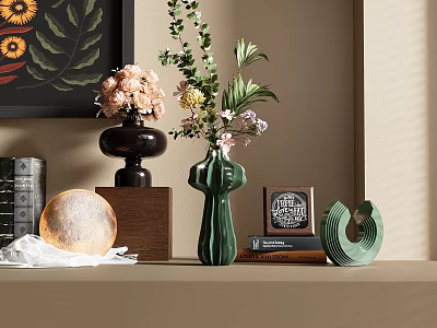 Decorative Ornament Combination Featuring Green Vases Flowers Books Decorative Ball And Wall Art 3d model