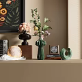 Decorative Ornament Combination Featuring Green Vases Flowers Books Decorative Ball And Wall Art
