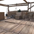 Rustic Wooden Platform Scene With Crates Ropes Thatched Reeds And Frame Structure