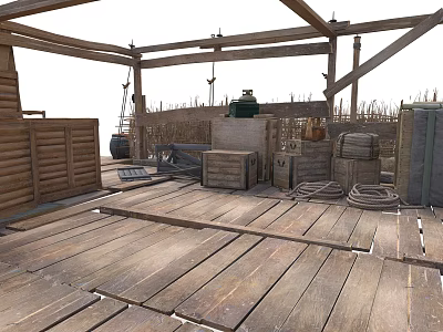 Rustic Wooden Platform Scene With Crates Ropes Thatched Reeds And Frame Structure 3d model