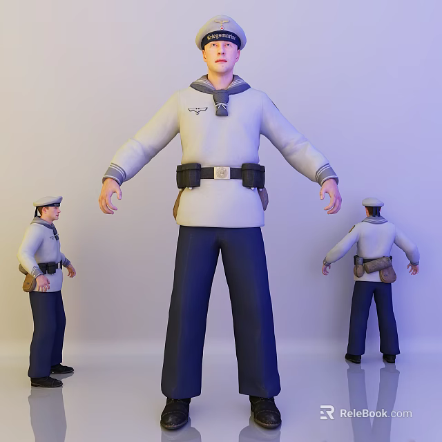 A Man in White Uniform with Blue Pants Black Belt Bag Front Side Back Views 3d model 