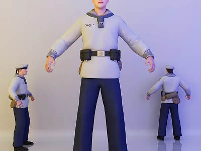 A Man in White Uniform with Blue Pants Black Belt Bag Front Side Back Views 3d model