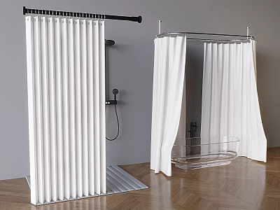 White Shower Curtains in Modern Bathroom with Curtain Rods Transparent Bathtub and Wooden Floor 3d model