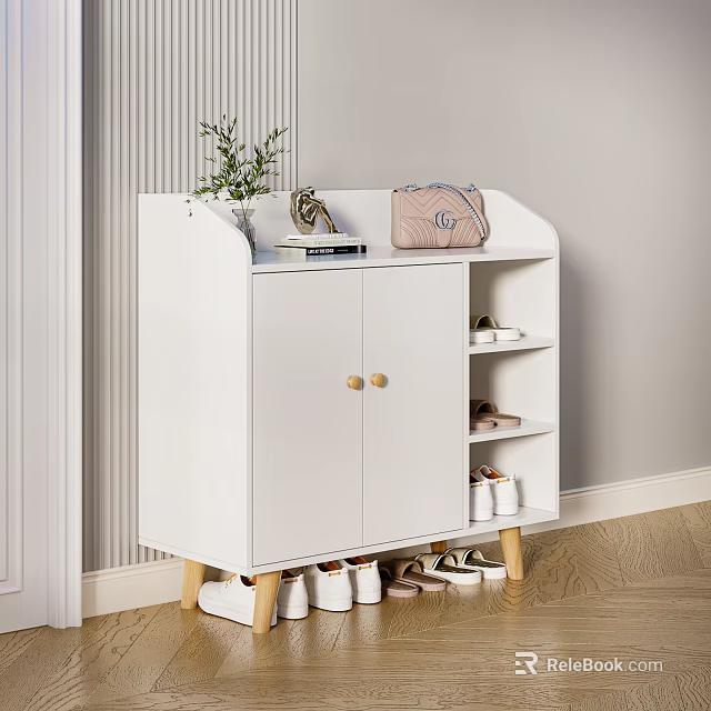 Modern White Shoe Cabinet with Gold Handles Open Shelves Top Pink Bag Books Green Plant 3d model 