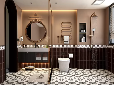 Elegant Modern Bathroom Interior With Round Mirror Toilet Shower Area And Patterned Tiles 3d model