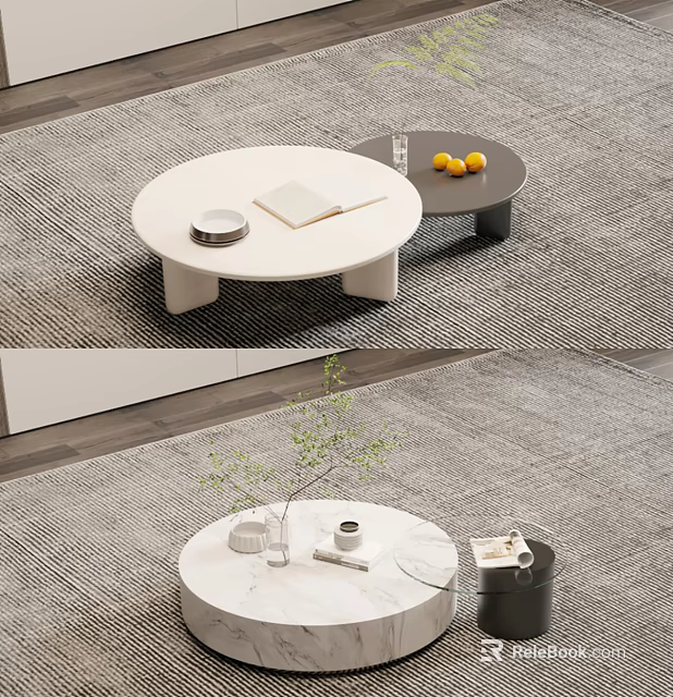 Modern Round Coffee Table Design with Notebook Oranges and Vase on Textured Carpet 3d model