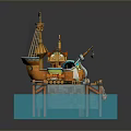 Ornate Decorative Ship Model Scene With Golden Mast Deck And Blue Platform