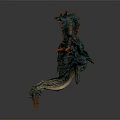 Mythical 3D Dragon Creature with Horns Sharp Teeth and Blue Spikes in Fierce Pose