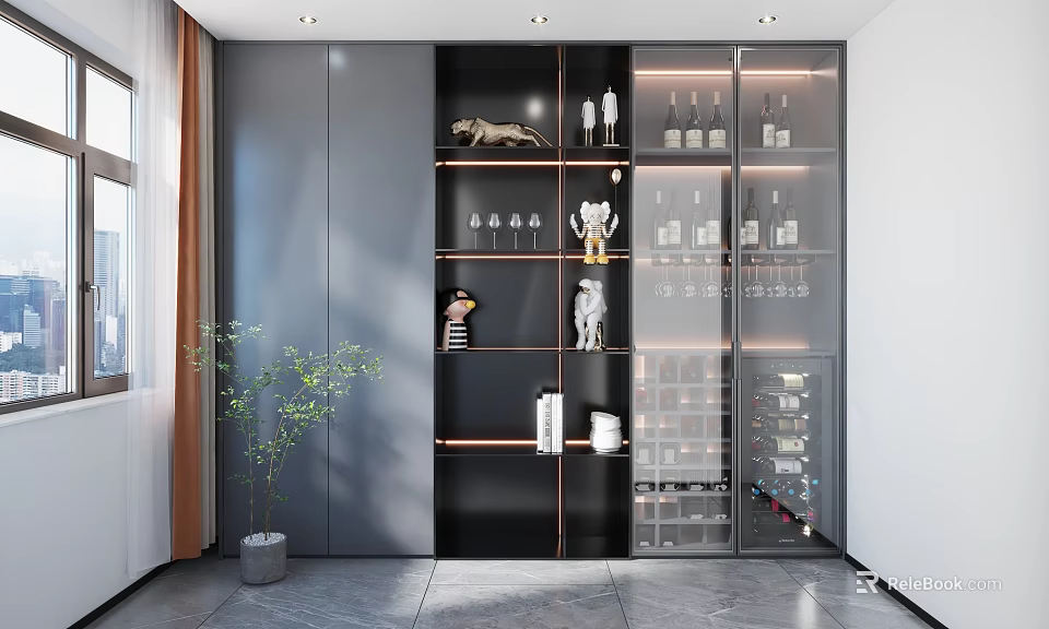 Elegant Modern Wine Cabinet Featuring Glass Doors And Shelves With Wine Bottles And Decor 3d model 