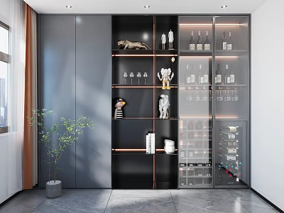 Elegant Modern Wine Cabinet Featuring Glass Doors And Shelves With Wine Bottles And Decor 3d model