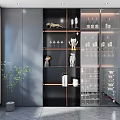 Elegant Modern Wine Cabinet Featuring Glass Doors And Shelves With Wine Bottles And Decor