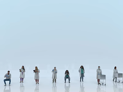 People In Various Poses Standing And Sitting In Empty Light Blue Space With White Floor 3d model