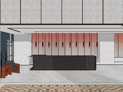 Modern Front Reception Desk With Grid Design Against Gradient Red Wall Lounge Chairs And Rug 3d model