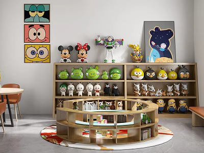 Cartoon Character Toys Display On Shelves In Playroom 3d model