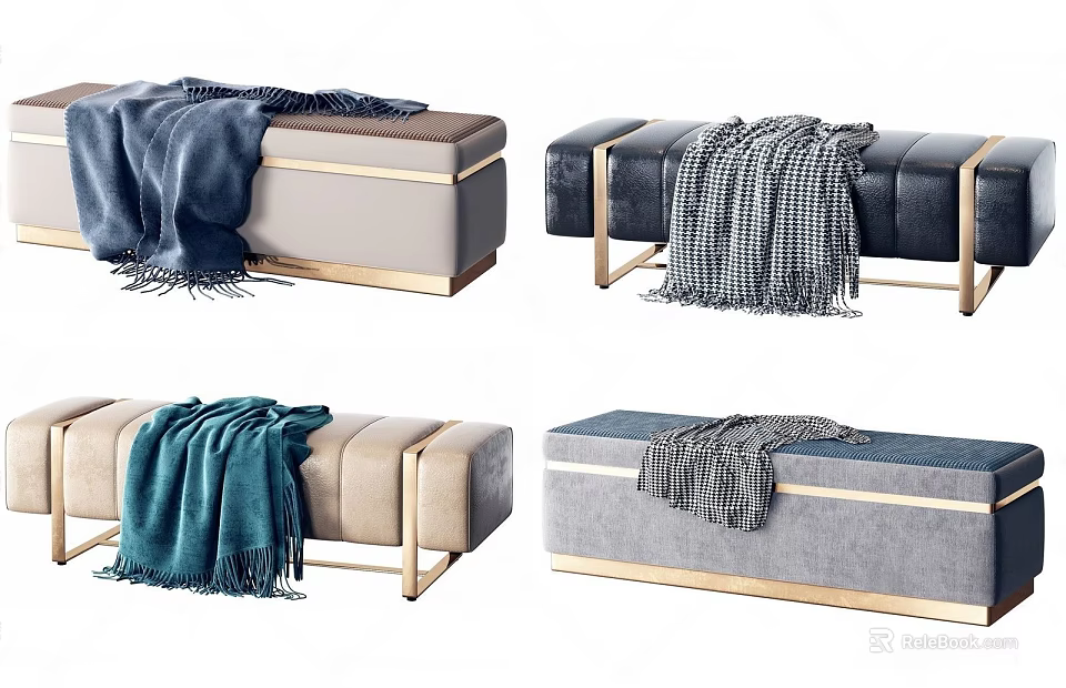 Modern Stylish Sofa Bench With Cozy Blanket And Golden Metal Legs 3d model 