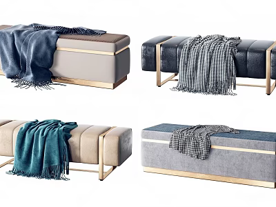 Modern Stylish Sofa Bench With Cozy Blanket And Golden Metal Legs 3d model