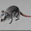 Cute 3D Grey Mouse Character with Blue Eyes and Pink Tail on Dark Reflective Surface