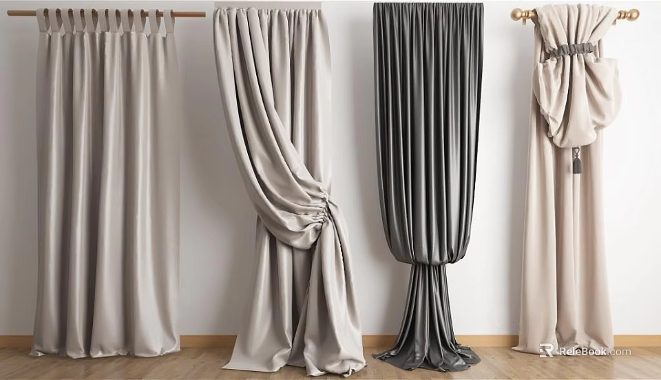 Various Stylish Curtains In Neutral Tones With Tiebacks And Elegant Drapes 3d model 