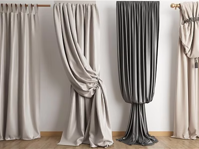 Various Stylish Curtains In Neutral Tones With Tiebacks And Elegant Drapes 3d model