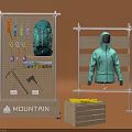DP Display Unit For Mountain Outdoor Gear With Backpack Jacket And Tools On Wooden Shelf