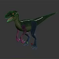 Realistic Velociraptor Dinosaur Character With Blue Green Body White Stripes Red Eyes Open Mouth Standing Pose