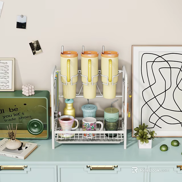 Kitchen Tableware Set with Colorful Lidded Mugs in Storage Rack on Counter 3d model