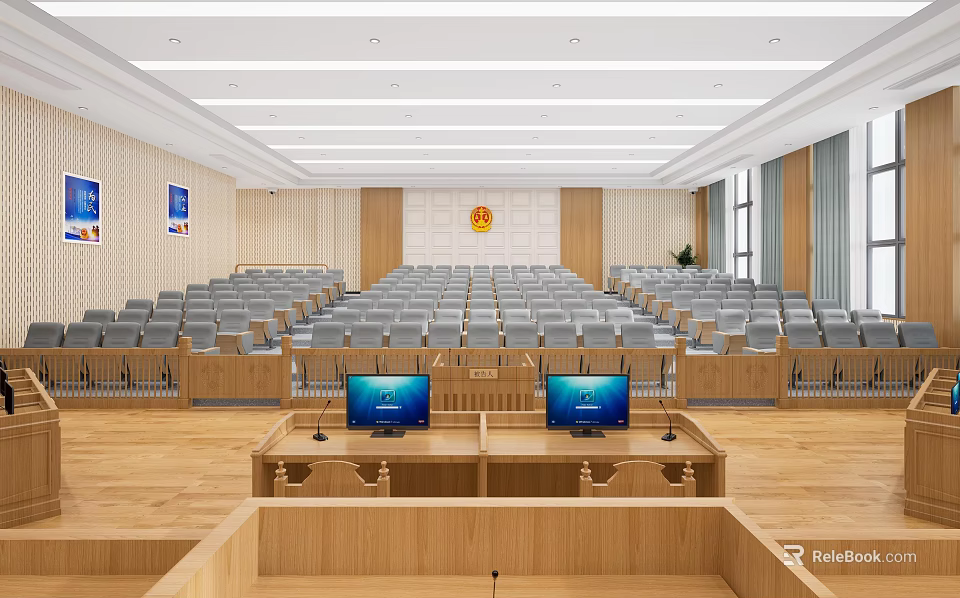Spacious Courtroom Interior Featuring Rows of Seats Two Desks with Computers and Back Wall Emblem 3d model 