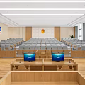 Spacious Courtroom Interior Featuring Rows of Seats Two Desks with Computers and Back Wall Emblem