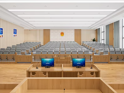 Spacious Courtroom Interior Featuring Rows of Seats Two Desks with Computers and Back Wall Emblem 3d model