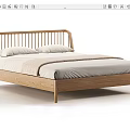 Simple Design Wooden Double Bed With Slatted Headboard And Light Colored Bedding 3d model