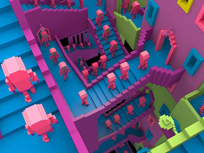 Vibrant Active Cartoon Scene With Colorful Block Characters Staircases And Multi Level Buildings 3d model