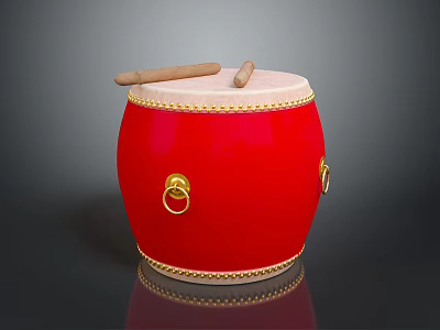 Red Musical Drum Featuring Golden Decorative Rings And Wooden Drumsticks On Surface 3d model