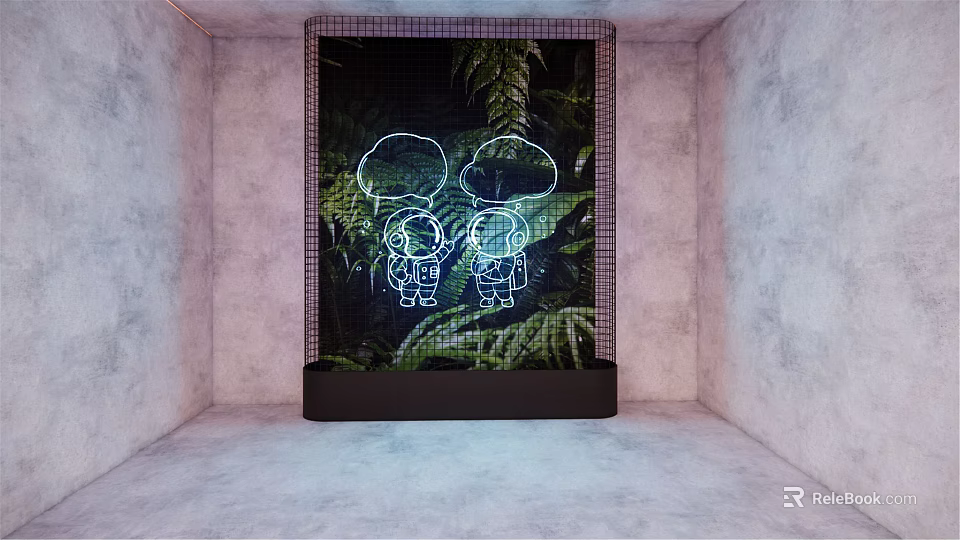Creative Decorative Light with Green Fern Background and White Cartoon Character Outline in Room 3d model 