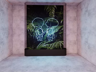 Creative Decorative Light with Green Fern Background and White Cartoon Character Outline in Room 3d model
