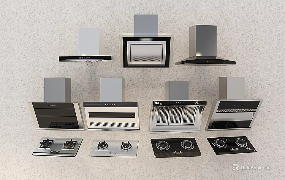 Kitchen Appliances Featuring Different Range Hoods and Gas Stove Models 3d model