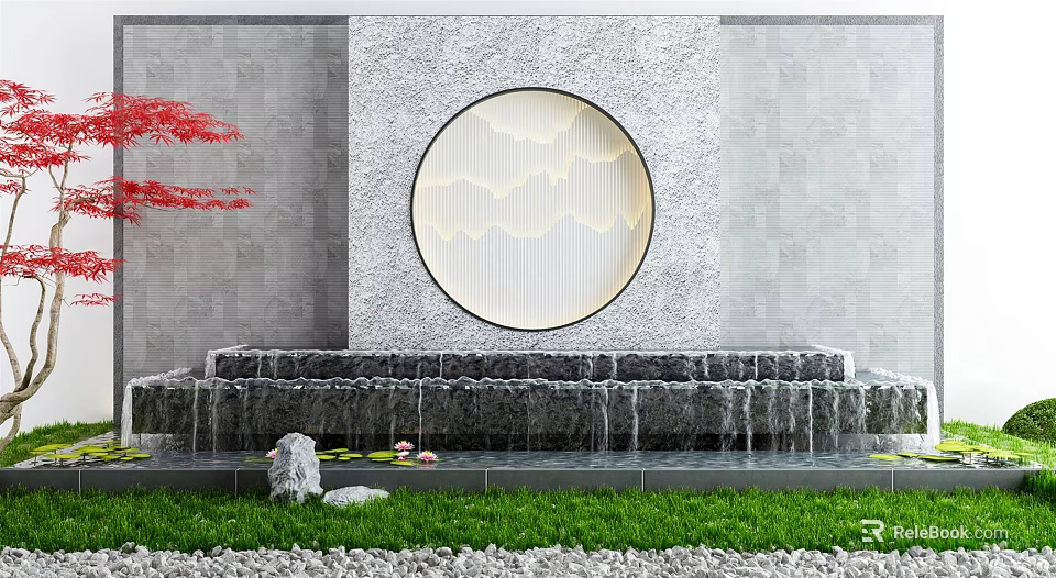 Courtyard Garden With Stone Water Feature Circular Window Mountain Pattern Red Maple Leaves Green Grass 3d model
