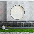 Courtyard Garden With Stone Water Feature Circular Window Mountain Pattern Red Maple Leaves Green Grass 3d model