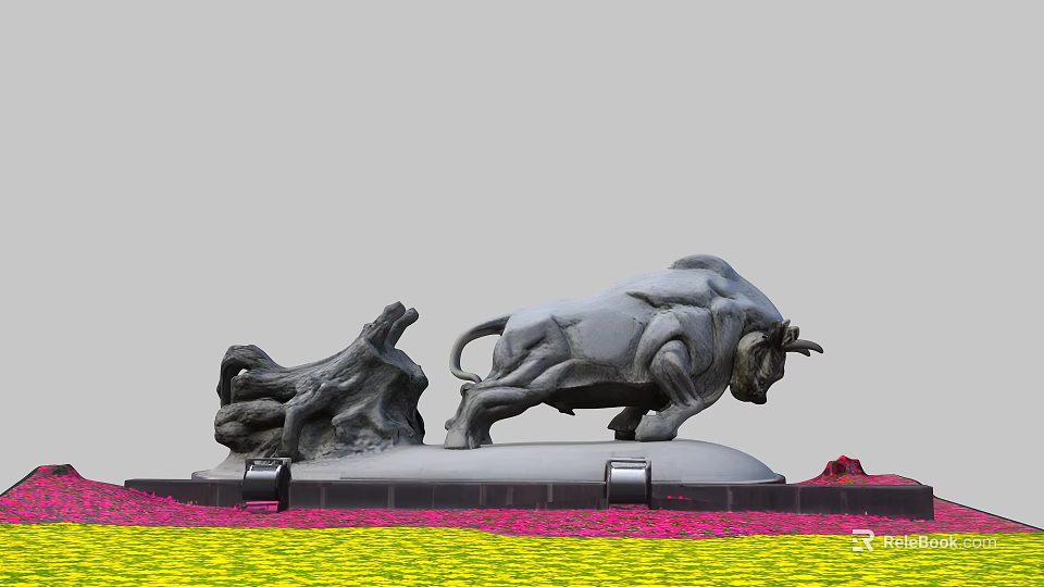 Outdoor Black Bull Landscape Sculpture With Tree Root Shaped Decor And Colorful Flowers On Base 3d model 