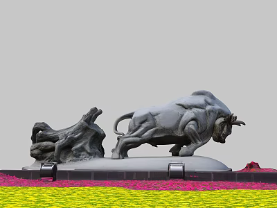 Outdoor Black Bull Landscape Sculpture With Tree Root Shaped Decor And Colorful Flowers On Base 3d model