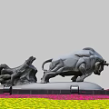 Outdoor Black Bull Landscape Sculpture With Tree Root Shaped Decor And Colorful Flowers On Base