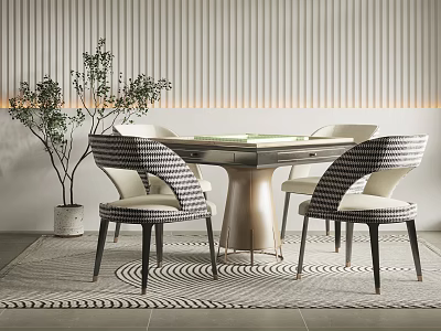 Modern Entertainment Table With Chairs On Patterned Rug And Plants 3d model